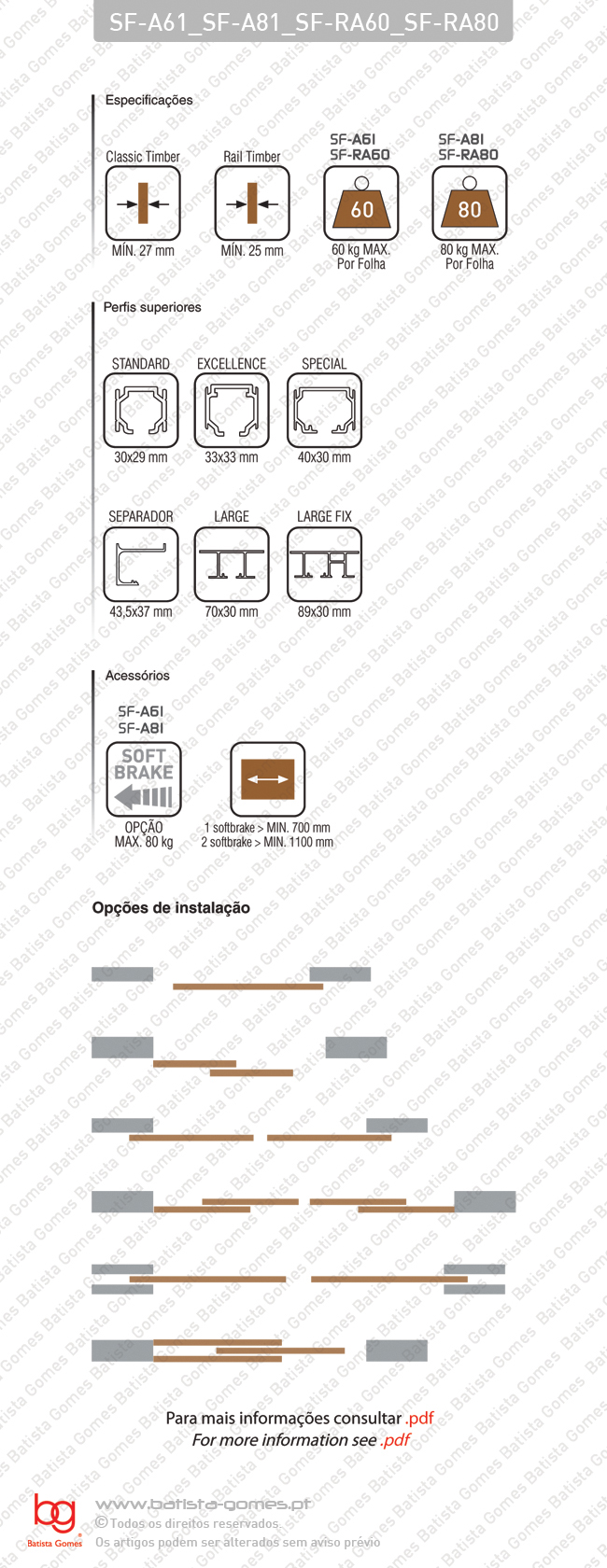 Sistema para divis�es e portas correr de passagem em madeira / Suspensos - at� 60 / 80Kg por folha